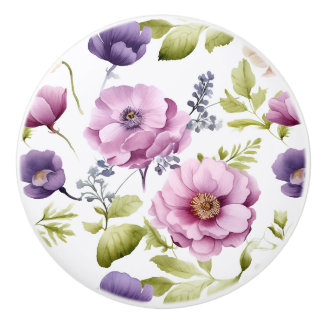 Bouton De Porte En Céramique Symphonie Royal Bloom Purple Floral Pattern