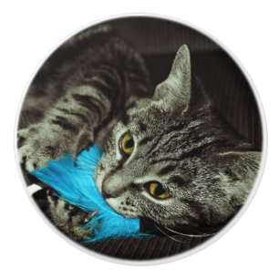 Bouton De Porte En Céramique Tabby Cat avec plume par Shirley Taylor