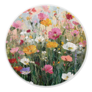 Bouton De Porte En Céramique Tableau de prairie fleurie aux couleurs vives