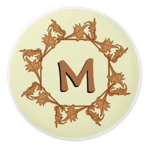 Bouton De Porte En Céramique Tâches de tiroir - Feuilles en cercle avec initial
