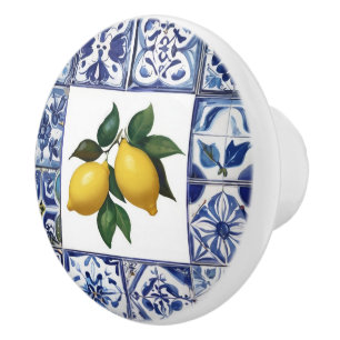 Bouton De Porte En Céramique Talavera Lemons - Bleu et Blanc Méditerranée
