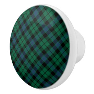 Bouton De Porte En Céramique Tartan écossais vert et bleu de MacKay de clan de