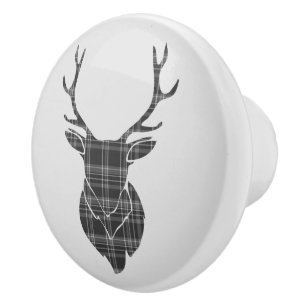 Bouton De Porte En Céramique Tartan gris Tartan Tête Antler Rustique