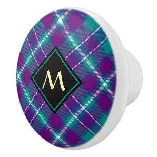 Bouton De Porte En Céramique Tartan vert, mauve et bleu