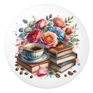 Bouton De Porte En Céramique Tasse à café vintage Rise and Shine et fleurs