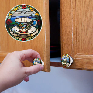 Bouton De Porte En Céramique Tasse à thé et soucoupe Faux Verre teinté