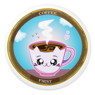 Bouton De Porte En Céramique Tasse de café chat rose Kawaii. Café d'abord