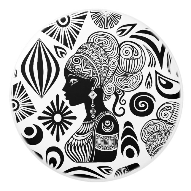 Bouton De Porte En Céramique Tatouage Tribal Portrait de Fille Africaine (Devant)