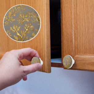 Bouton De Porte En Céramique Taupe avec algue dorée