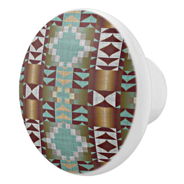 Bouton De Porte En Céramique Taupe Brown Turquoise Aqua Blue Tribal Motif (Droite)