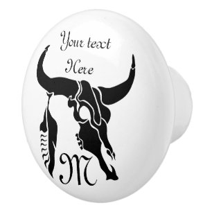 Bouton De Porte En Céramique Taureau de Longhorn de la tribu avec la plume noir