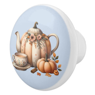 Bouton De Porte En Céramique Teapot citrouille avec fleurs d'automne