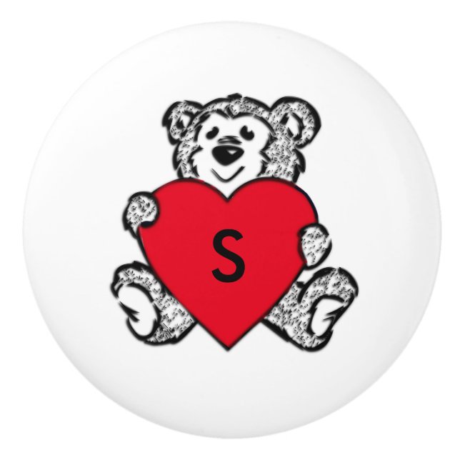 Bouton De Porte En Céramique Teddy Bear Heart Initial (Devant)