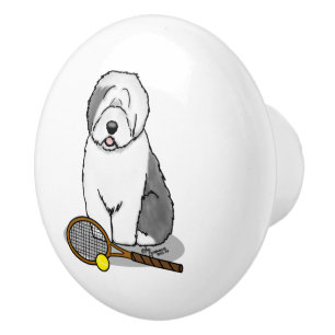 Bouton De Porte En Céramique Tennis Old English Sheepdog (Gris 1) Chien mignonn