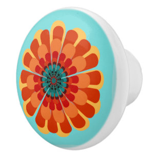 Bouton De Porte En Céramique Terracotta & Fleur Turquoise