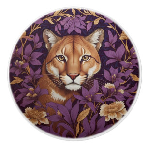 Bouton De Porte En Céramique Tête de couguar parmi un feuillage et des fleurs d