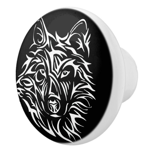 Bouton De Porte En Céramique Tête de loup blanc sur noir (Droite)