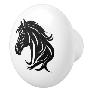 Bouton De Porte En Céramique Tête de magnifique cheval noir
