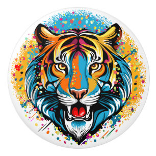 Bouton De Porte En Céramique Tête de tigre couleurs arc-en-ciel peinture taches