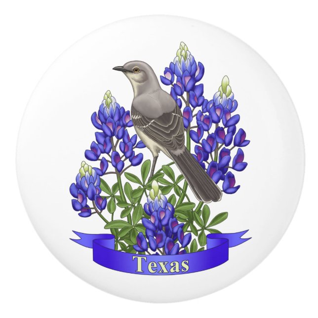 Bouton De Porte En Céramique Texas State Mockingbird & Bluebonnet Flower (Devant)