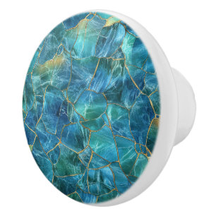 Bouton De Porte En Céramique Texture de marbre bleu sarcelle avec veines dorées