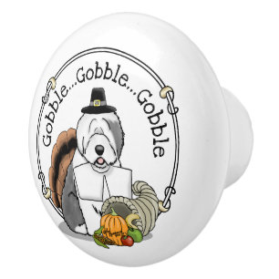 Bouton De Porte En Céramique Thanksgiving Old English Sheepdog (Gris 1) Fun