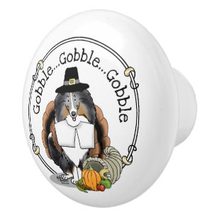 Bouton De Porte En Céramique Thanksgiving Shetland Sheepdog (merle bleu) Drôle