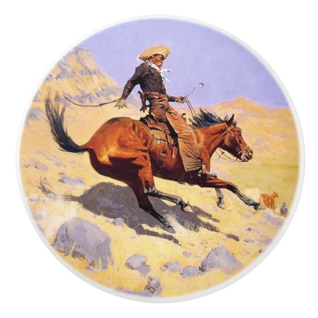 Bouton De Porte En Céramique The Cowboy (par Frederic Remington) (Devant)