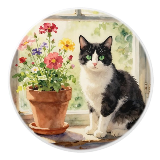 Bouton De Porte En Céramique Thème Chat et Fleur (Devant)