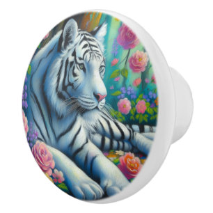 Bouton De Porte En Céramique Tigre blanc en Forêt avec Fleurs Turquoise rose co