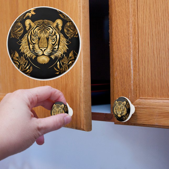 Bouton De Porte En Céramique Tigre d'or majestueux sur noir (Créateur téléchargé)