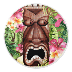 Bouton De Porte En Céramique Tiki Hawaïen en bois Luau Île Été Floral