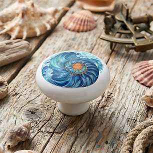 Bouton De Porte En Céramique Tirelire coquille en spirale et vague nautique océ