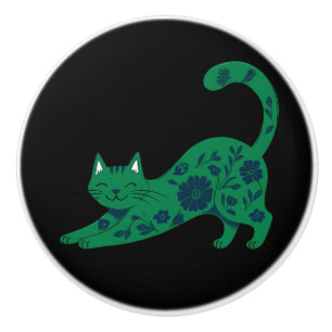Bouton De Porte En Céramique Tirette en céramique chat floral vert