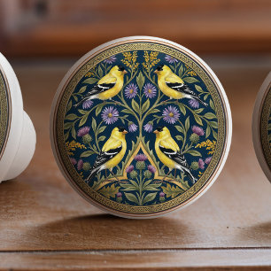 Bouton De Porte En Céramique Tiroir en céramique avec chardonnerets jaunes amér