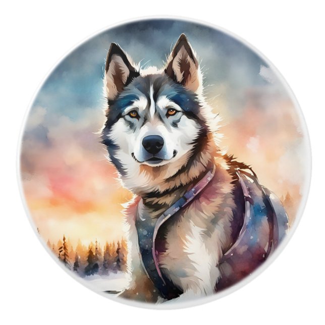 Bouton De Porte En Céramique Tiroir en céramique Chien Husky Sibérien (Devant)