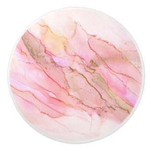Bouton De Porte En Céramique Tons roses dans les nuages d'encre avec or