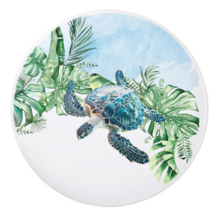 Bouton De Porte En Céramique Tortue Aquarelle Feuilles Tropicales