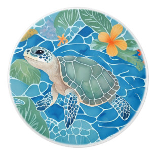 Bouton De Porte En Céramique Tortue de mer à gauche face à la vie océanique Ble