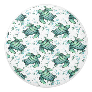 Bouton De Porte En Céramique tortue de mer aquarelle verte motif bleu animal
