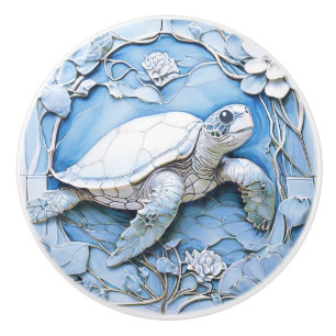 Bouton De Porte En Céramique Tortue de mer Art Nouveau Faux Relief Blue Ocean L