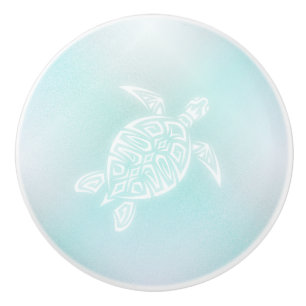 Bouton De Porte En Céramique Tortue de mer blanche turquoise   Nautilus