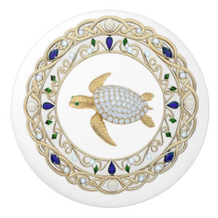 Bouton De Porte En Céramique Tortue de mer cristal or 2Dgraphique diamant océan
