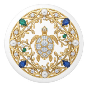 Bouton De Porte En Céramique Tortue de mer en cristal doré gemme graphique 2D O