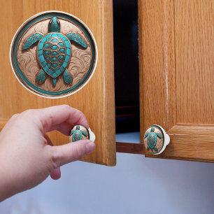 Bouton De Porte En Céramique Tortue de mer en cuivre et turquoise