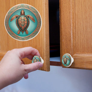 Bouton De Porte En Céramique Tortue de mer en cuivre et turquoise