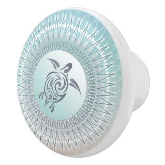 Bouton De Porte En Céramique Tortue De Mer Et Mandala Nautique