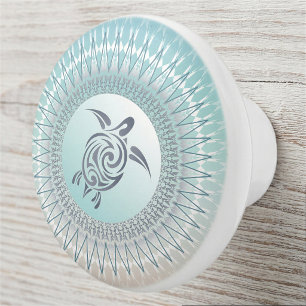 Bouton De Porte En Céramique Tortue de mer et mandala nautique