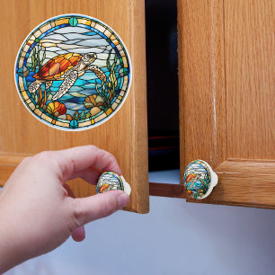Bouton De Porte En Céramique Tortue de mer Faux Vitrail