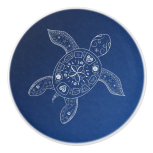 Bouton De Porte En Céramique Tortue de mer hawaïenne blanche sur plage bleue tr